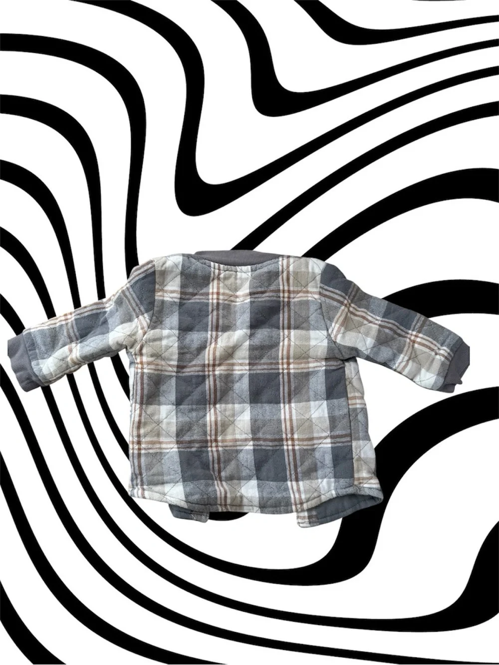 Boys Gray Striped Button Down Romper- Gray & Brown Plaid Jacket